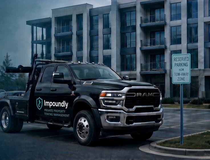 An Impoundly-branded tow truck parked beside a reserved-parking tow-away sign at an apartment building.
